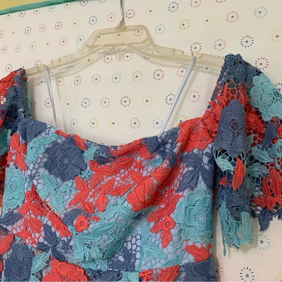 Sam Edelman Lace Dress Size 0 Pink Blue Lined Off On Shoulder Midi Pencil - Picture 6 of 9